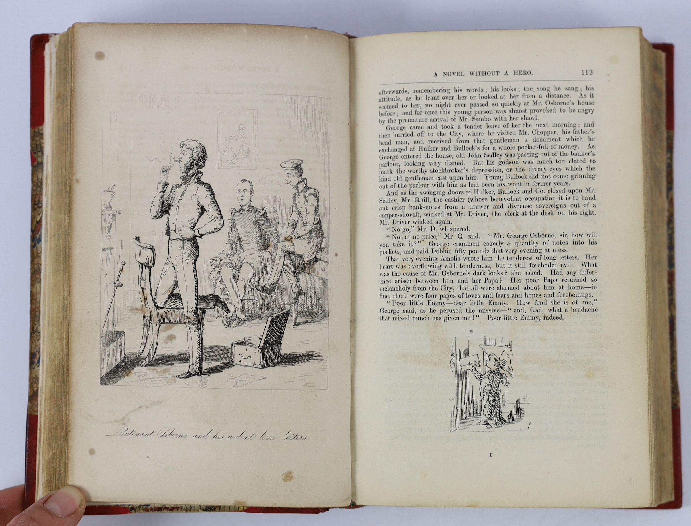 Thackeray, William Makepeace - Vanity Fair. A novel without a hero. First Edition. pictorial engraved and printed titles, frontis. and 38 other plates (by the author), engraved text illus.; later 19th century red half mo